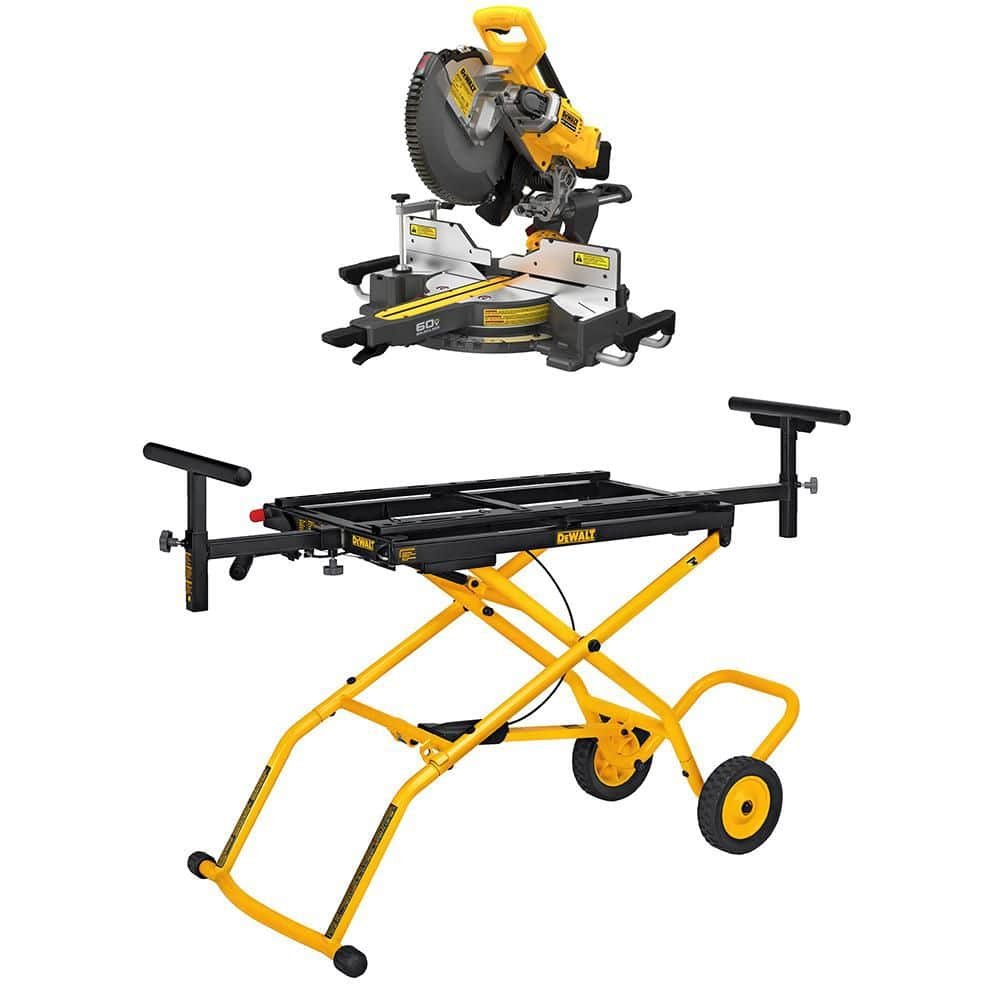 DEWALT 60V Lithium-Ion 12 in. Cordless Sliding Miter Saw (Tool Only) and 32-1/2 in. x 60 in. Rolling Miter Saw Stand DCS781BWDWX726
