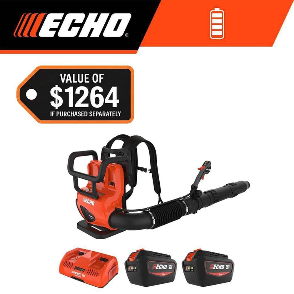 ECHO 56V 195 MPH 795 CFM Cordless Battery Backpack Blower w/Tube Throttle and 5.0Ah Batteries and Dual Port Charger DPB-5800TD2-2
