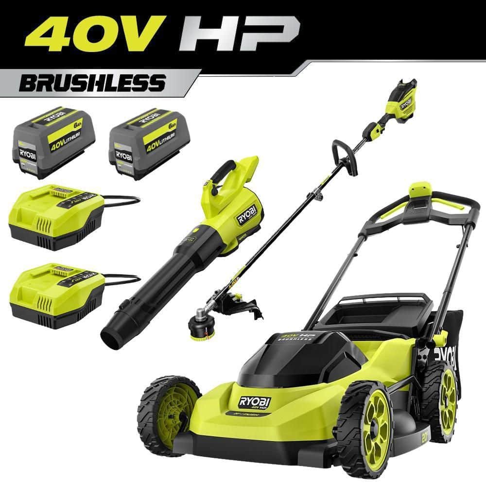 RYOBI 40V HP Brushless 20 in. Cordless Battery Walk Behind Push Mower, Blower & String Trimmer w/ Batteries & Chargers RY40HPLM06K-RY40HPCK202K