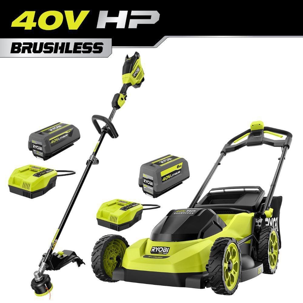 RYOBI 40V HP Brushless 20" Cordless Battery Walk Behind Push Lawn Mower w/ 40V 17" String Trimmer, Batteries & Chargers RY40HPLM06K-RY40HPST02K
