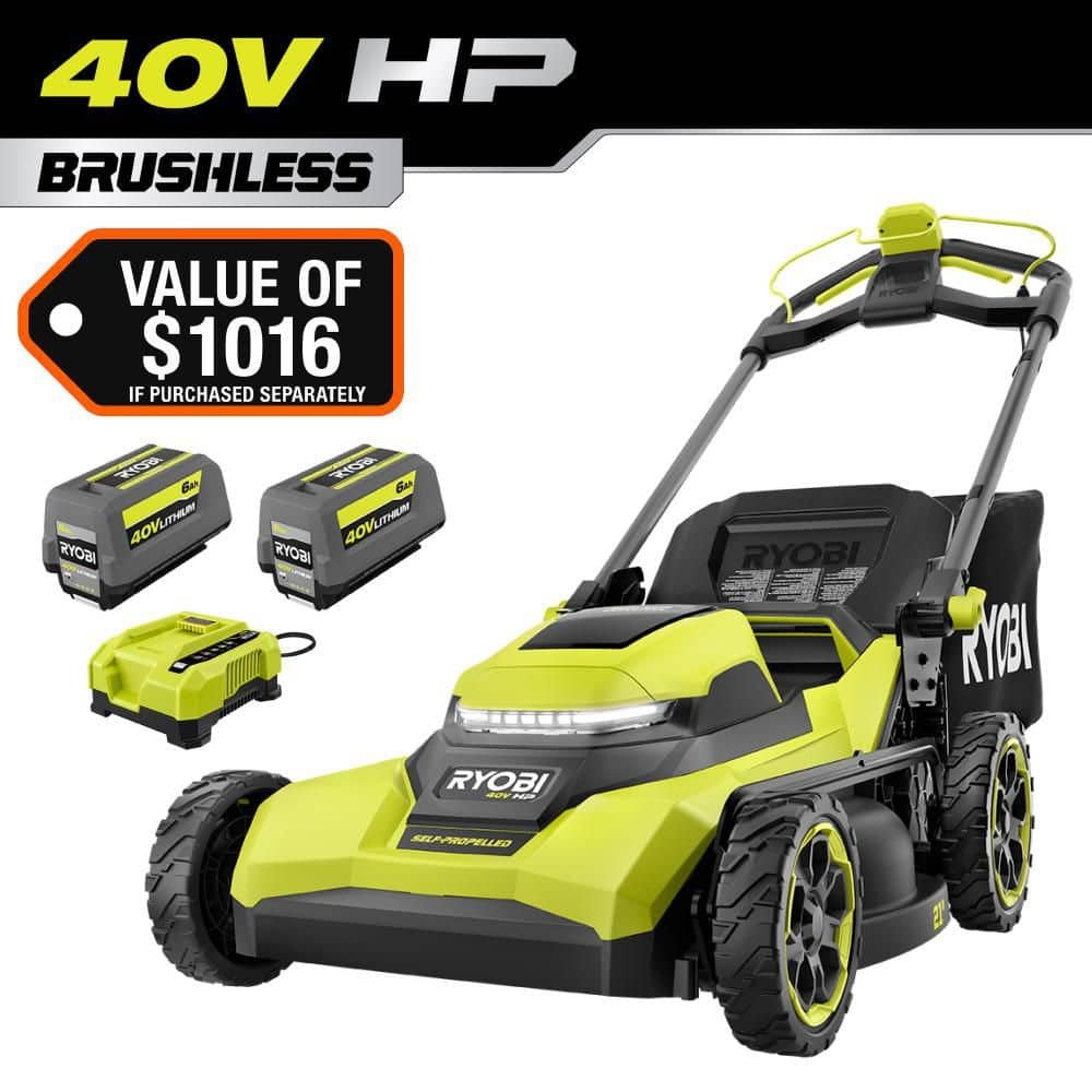 RYOBI 40V HP Brushless 21 in. Cordless Battery Walk Behind Self-Propelled Lawn Mower with 6.0 Ah Batteries and Charger RY40HPLM01K2