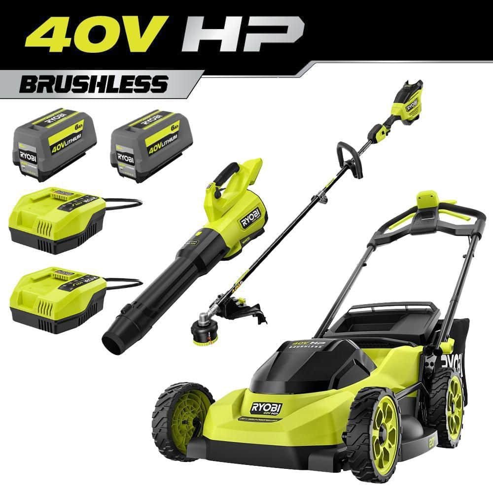 RYOBI 40V HP Brushless 20" Cordless Battery Walk Behind Self-Propelled Mower, w/ String Trimmer, Blower, Batteries & Chargers RY40HPLM07K-RY40HPCK202K