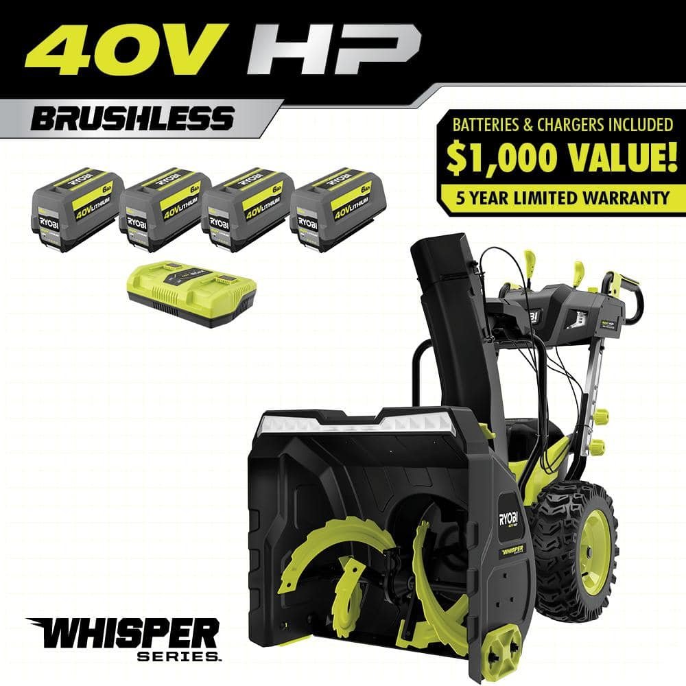 RYOBI 40V HP Brushless Whisper Series 24" 2-Stage Cordless Electric Self-Propelled Snow Blower – 6 Ah Batteries & Charger RY40870