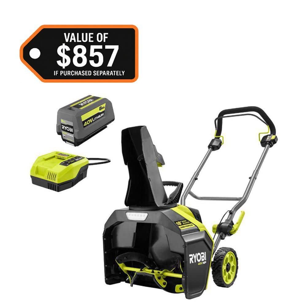RYOBI 40V HP Brushless 18 in. Single-Stage Cordless Electric Auger Propelled Snow Blower with 8.0 Ah Battery and Charger RY40HPSN01K
