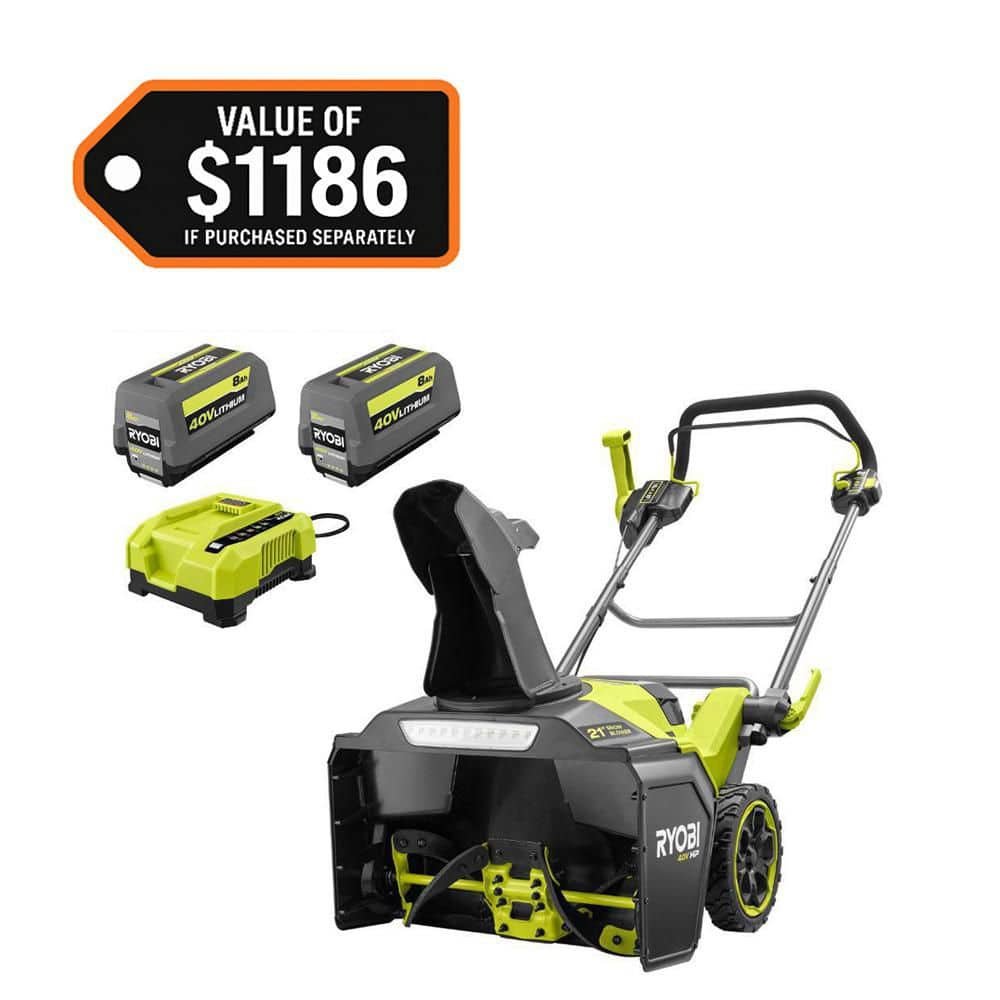 RYOBI 40V HP Brushless 21 in. Single-Stage Cordless Electric Auger Propelled Snow Blower with 8.0 Ah Batteries & Chargers RY40HPSN02K2